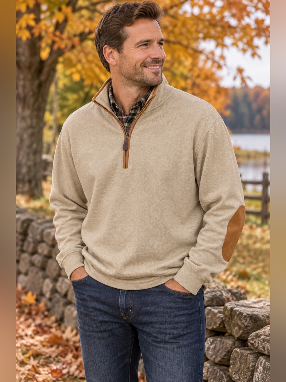 Orvis Men’s XL Quarter Zip Pullover Tan Leather Elbow Patches Heritage Sweater